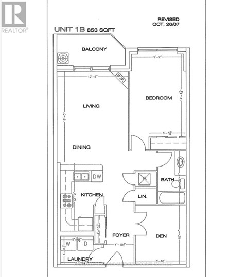 A floor plan for a 1 bedroom, 853 sq ft apartment.