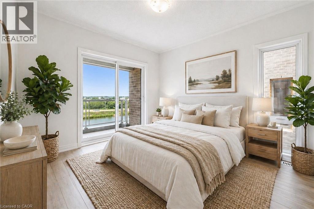 A bedroom with a large bed and a view of the outside.