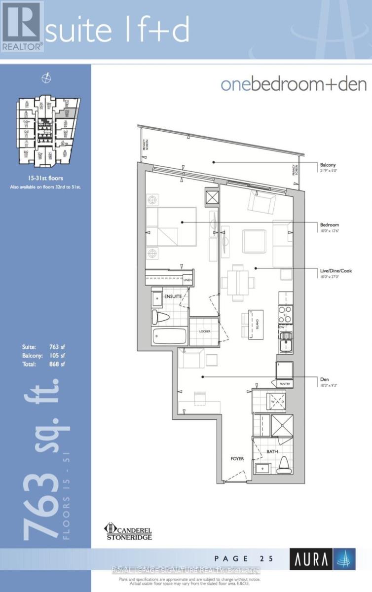 A blue and white floor plan for a one bedroom plus den apartment.