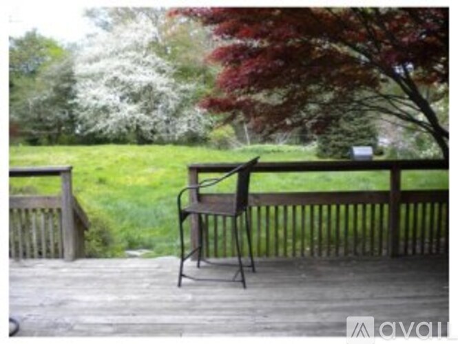 A chair is on a wooden deck with a tree in the background.