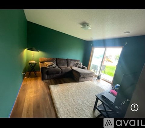 A living room with a brown couch and a lamp.
