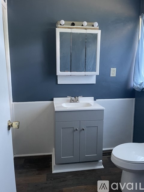 A bathroom with a white sink and a grey cabinet.
