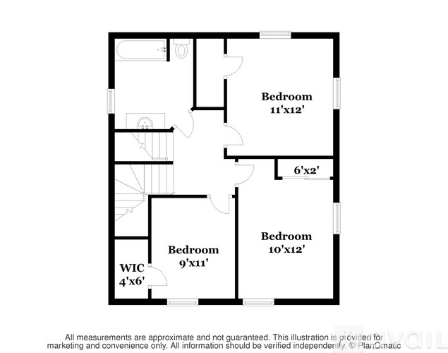 A floor plan of a house with four bedrooms and a WC.