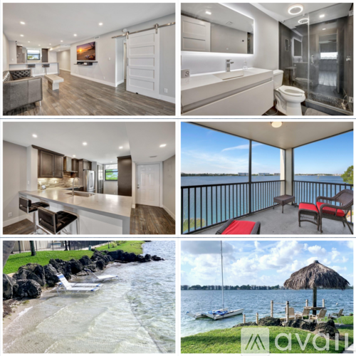 A collage of images showcasing a modern house with a view of the sea.