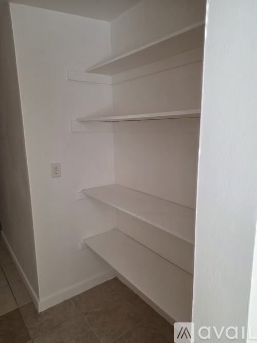 Empty white shelves in a room.