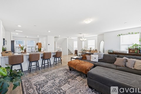 A living room with a grey couch and a rug in the foreground.