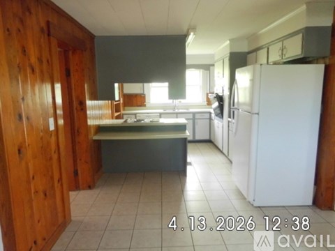 A kitchen with a white refrigerator and wooden cabinets.