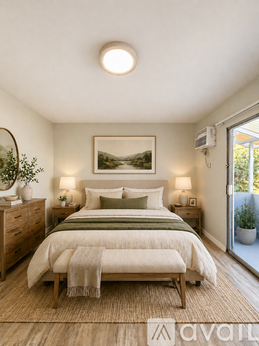 A bedroom with a bed, nightstands, and a painting on the wall.