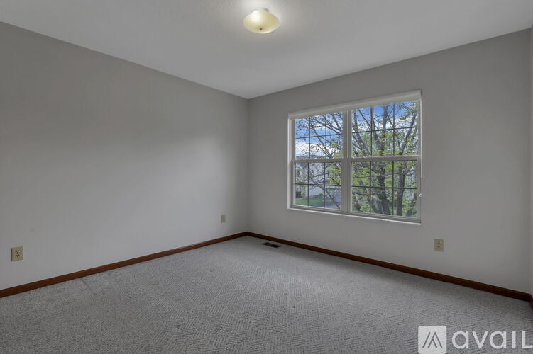 A room with a carpeted floor and a window showing trees outside.