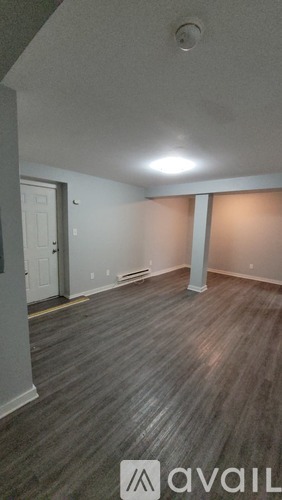 A room with wooden flooring and a white door.