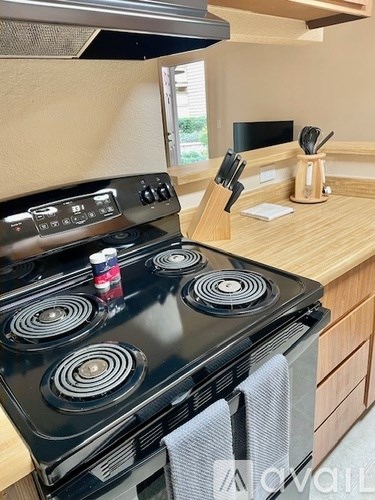 A black stove top with four burners is in a kitchen with wooden cabinets.
