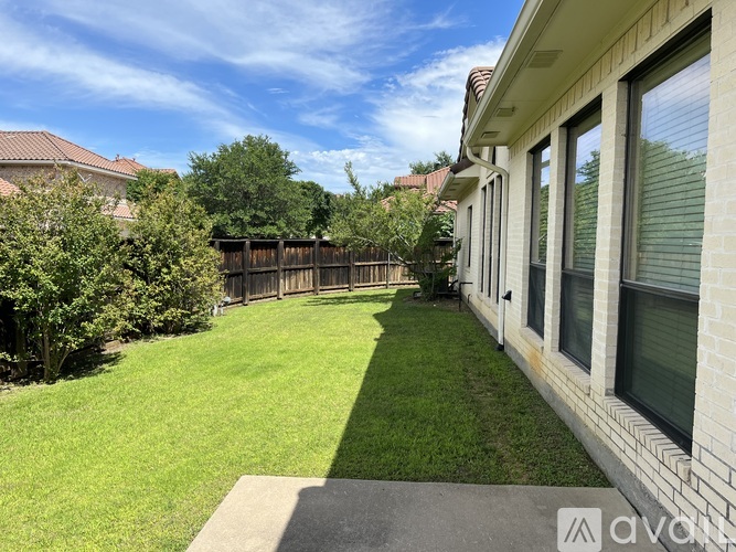 A backyard with a wooden fence and green grass.