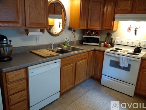 A kitchen with wooden cabinets and a white dishwasher.