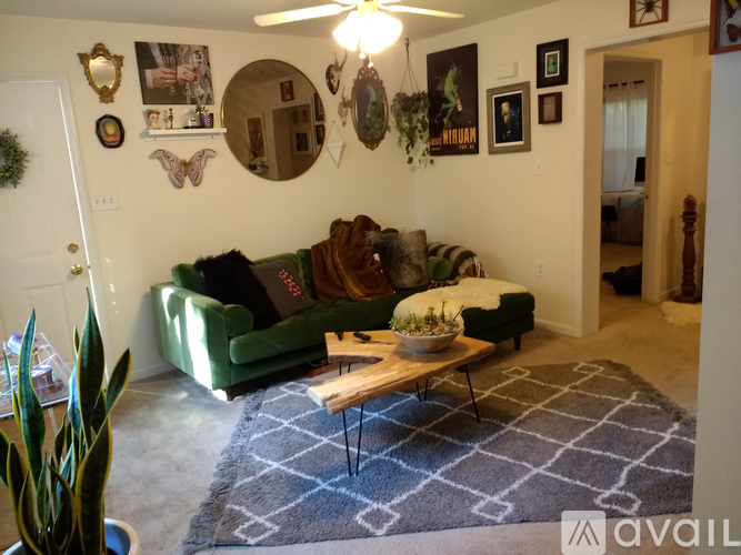 A living room with a green couch and a rug.