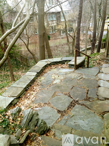 A stone pathway leads through a wooded area.