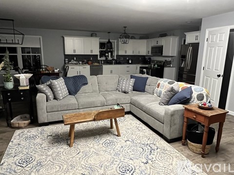 A living room with a grey couch and a wooden coffee table.