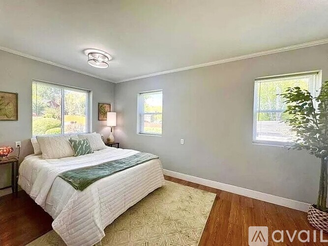 A bedroom with a bed, two lamps, and a rug.