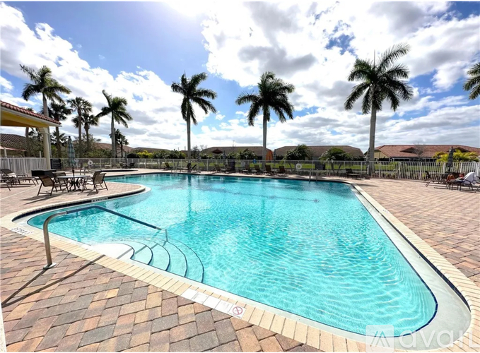 A large swimming pool surrounded by palm trees.