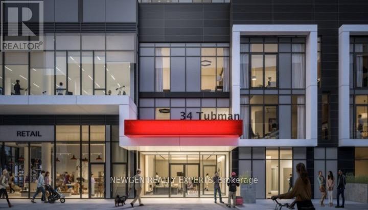 A modern building with a red awning that says 34 Tubman.