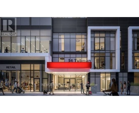 A modern building with a red awning that says 34 Tubman.