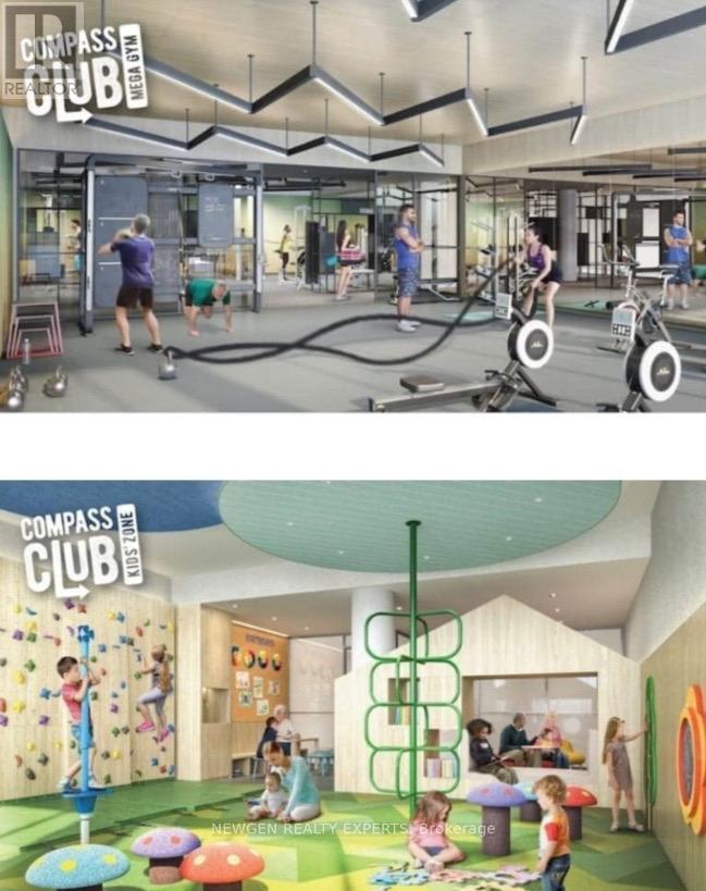A rendering of a Compass Club gym with various exercise equipment and people working out.