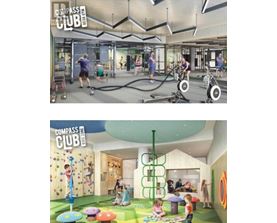 A rendering of a Compass Club gym with various exercise equipment and people working out.