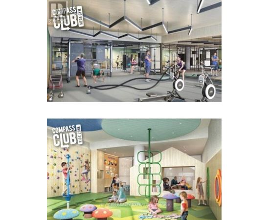 A rendering of a Compass Club gym with various exercise equipment and people working out.