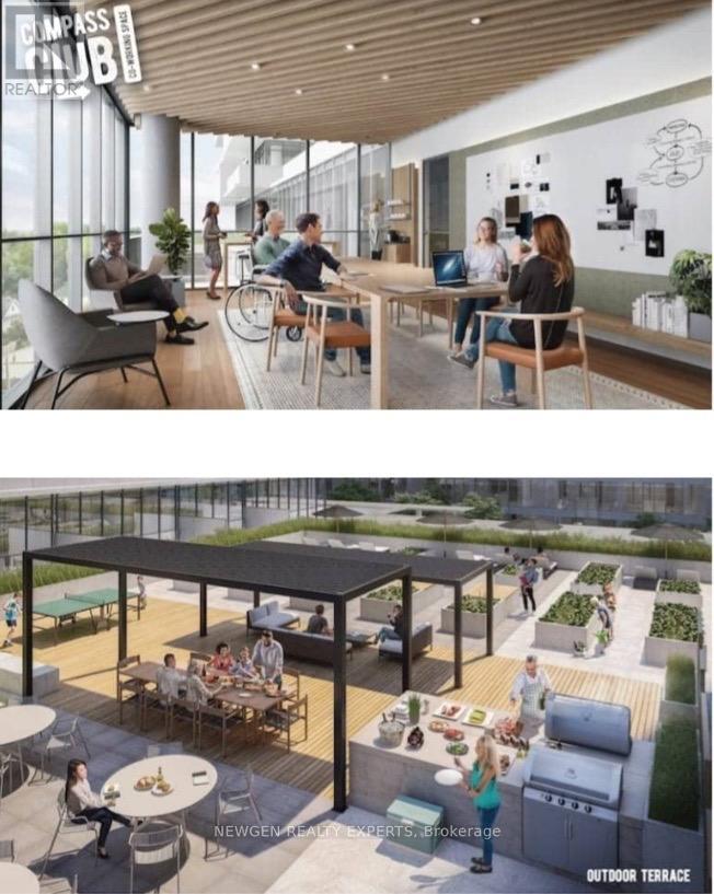 A modern outdoor seating area with people dining and socializing.