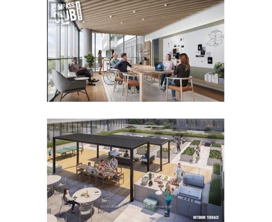 A modern outdoor seating area with people dining and socializing.
