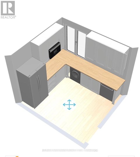 A 3D image of a room with a kitchen area.