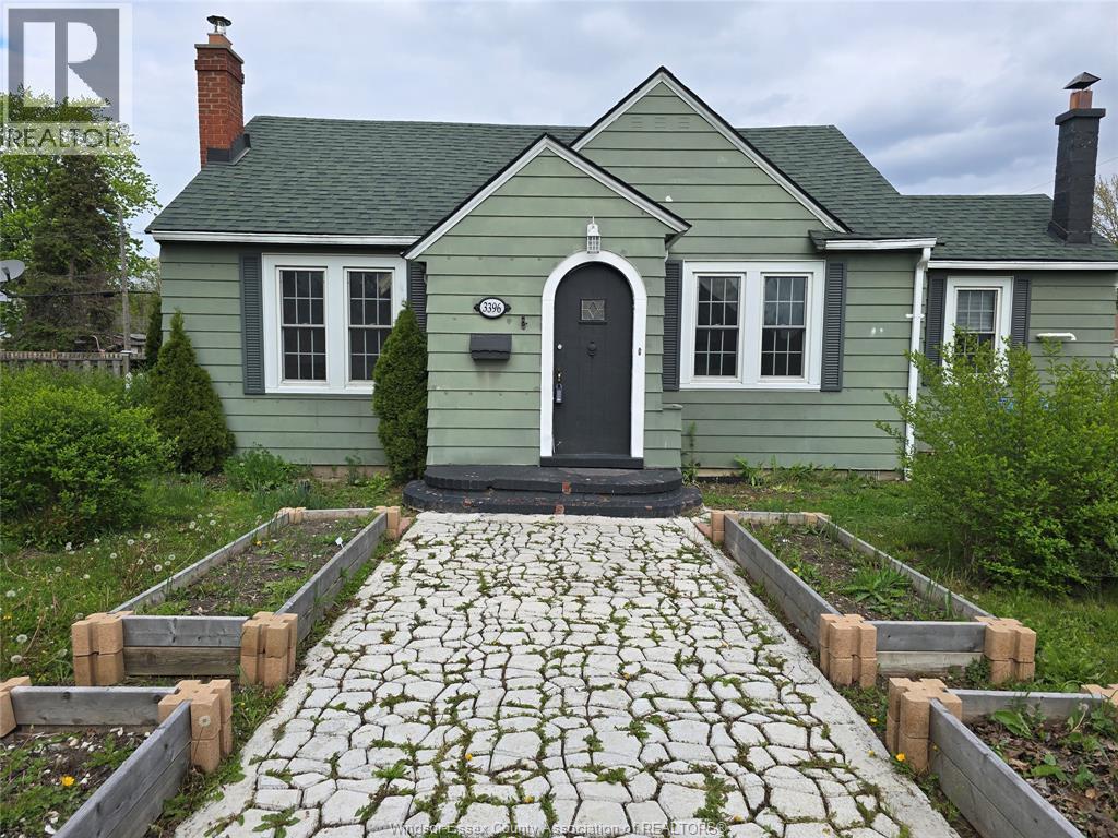 A green house with a black door and windows.