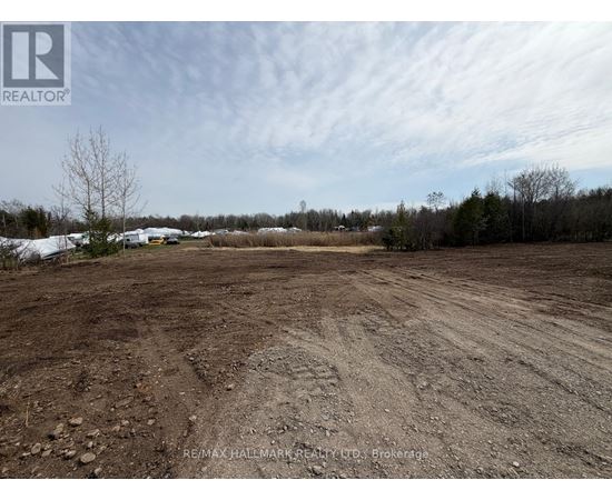 A large, empty plot of land with a dirt ground and sparse vegetation.