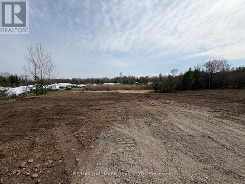 A large, empty plot of land with a dirt ground and sparse vegetation.