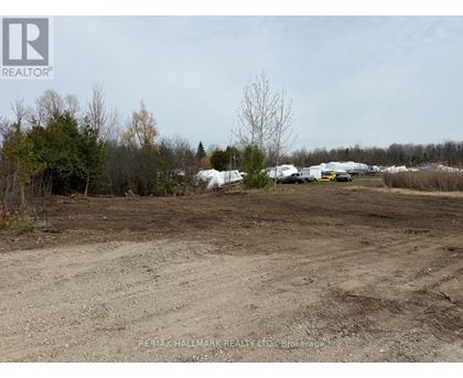 A dirt field with a few trees and buildings in the distance.