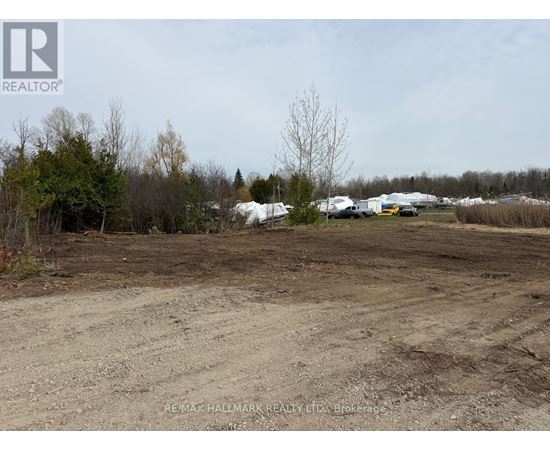 A dirt field with a few trees and buildings in the distance.