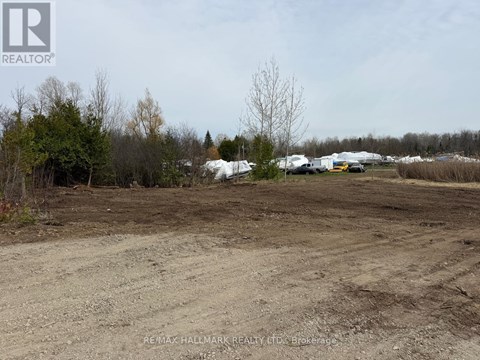 A dirt field with a few trees and buildings in the distance.