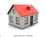A small house with a red roof and brown door.