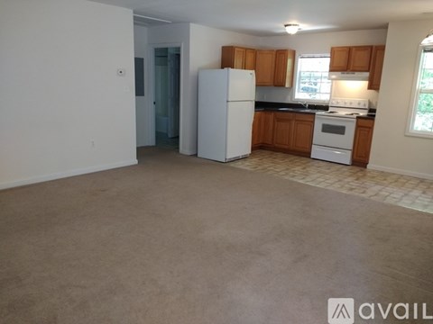 A kitchen with a white refrigerator and wooden cabinets.