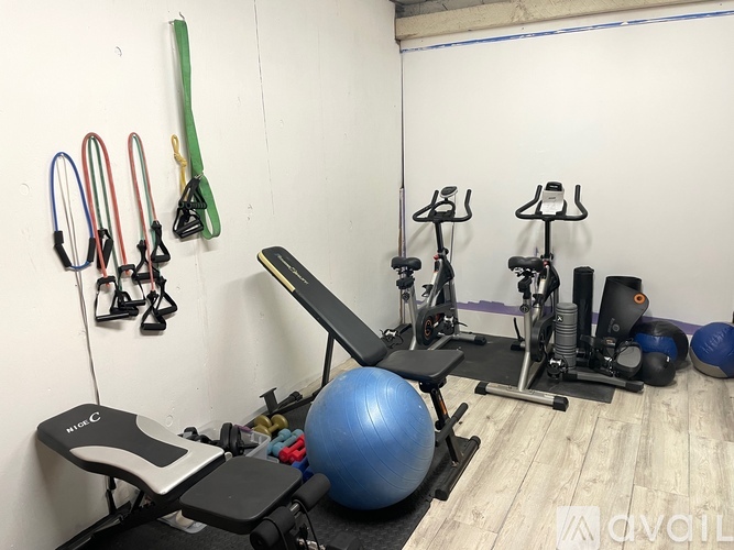 A gym with a blue ball, a bench, and a row of exercise bikes.