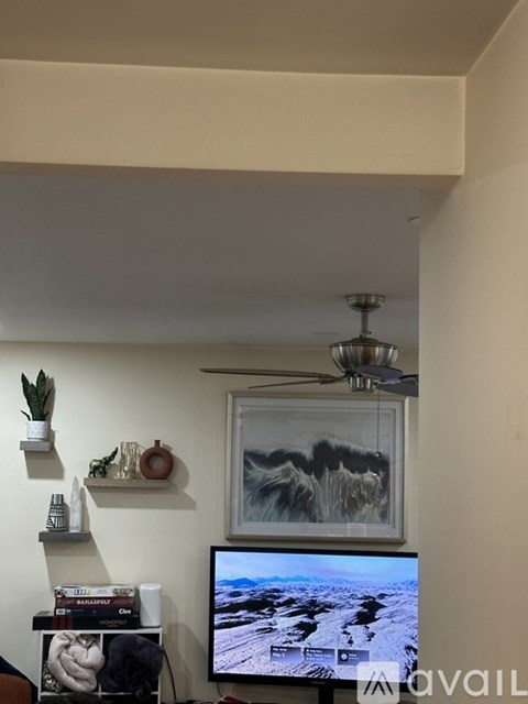 A living room with a television, a ceiling fan, and a painting on the wall.
