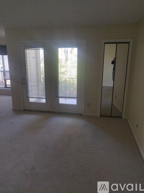A carpeted room with a sliding door and a mirror.