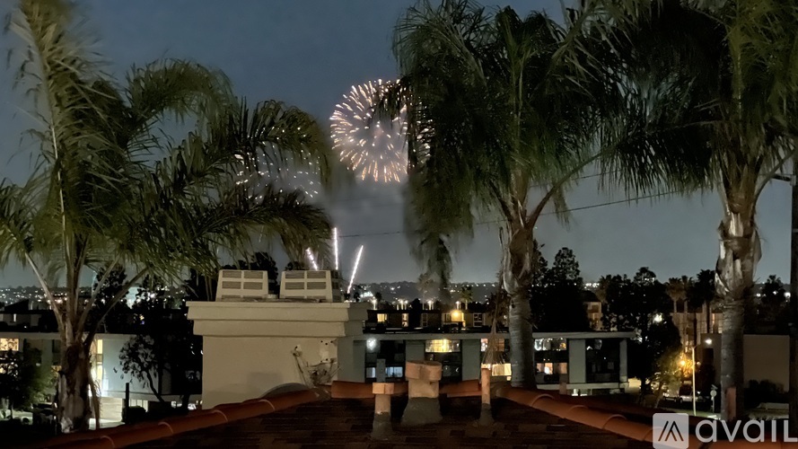 A firework display is seen in the sky above a building with palm trees in the foreground.