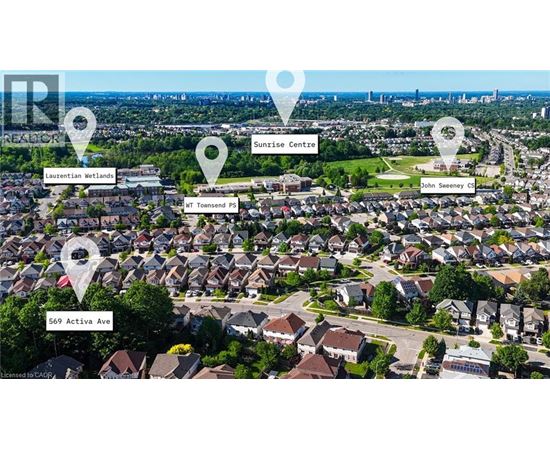 An aerial view of a residential area with four location pins labeled Laurentician Meadlands, Sunrise Centre, WT Townsend PS, and John Sweeney C.