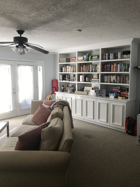 A living room with a couch and a bookshelf.