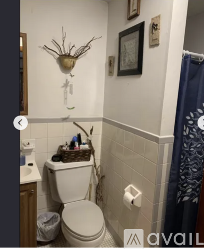 A bathroom with a toilet, a basket on the toilet, a plant and a vase on the wall.