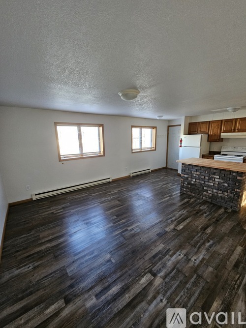 A room with wooden floors and two windows.