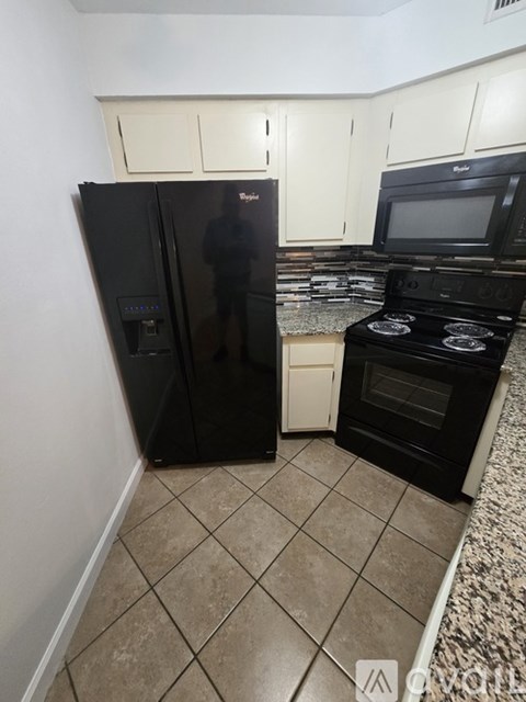 A kitchen with a black fridge and stove.