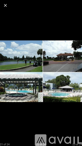 A collage of images showing outdoor scenes including a pool and a building.