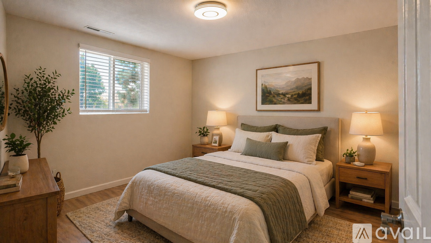 A well-lit bedroom with a large bed and a painting on the wall.