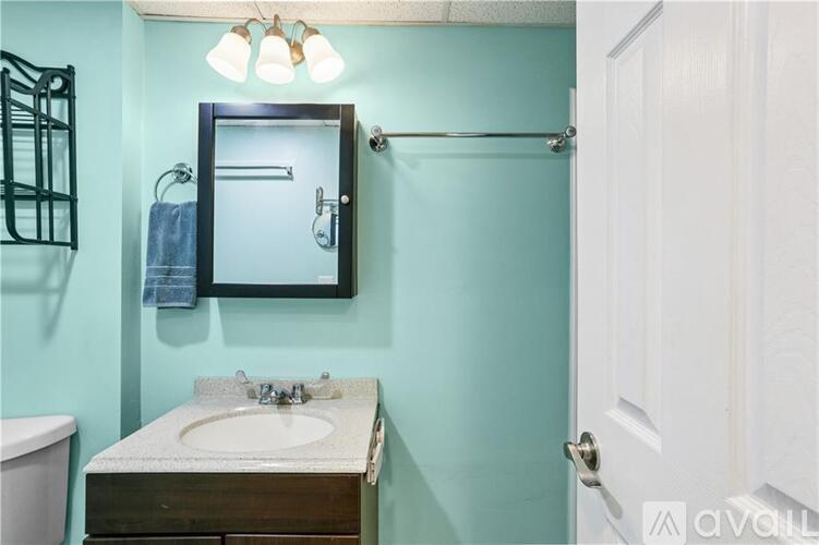 A bathroom with a white door and a sink with a mirror above it.